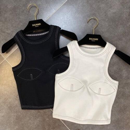 Round Neck Sleeveless Color Traces Chest Pad Design Elastic Short Tank Top for Women Crop Top Girls Ladies Tight Shirt Tops