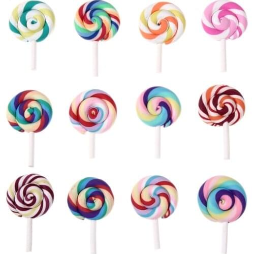 100Pcs Colorful Lollipops Clay Pendant Charms Big Size Rainbow Swirl Lollipop Candy Embellishment for DIY Craft Supplies