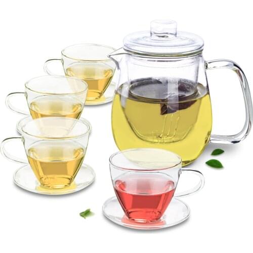 1x Heat Resistant Handmade Clear Glass Tea Set -750ml Teapot +4x Sets of 160ml Coffee Tea Cups & Saucers