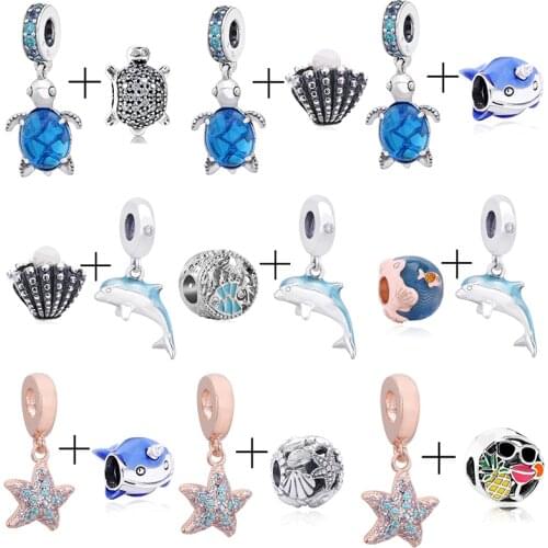 2Pcs/Lot Summer Style Turtle Dolphin Charms Beads fit Original Brand Charms Bracelets Necklace for Women Trinket DIY Jewelry