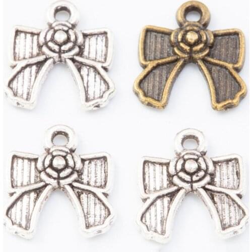 200pcs 13*12MM Antique bronze Vintage silvery flower bow tie bowknot charms pendants for bracelet earring diy jewelry making