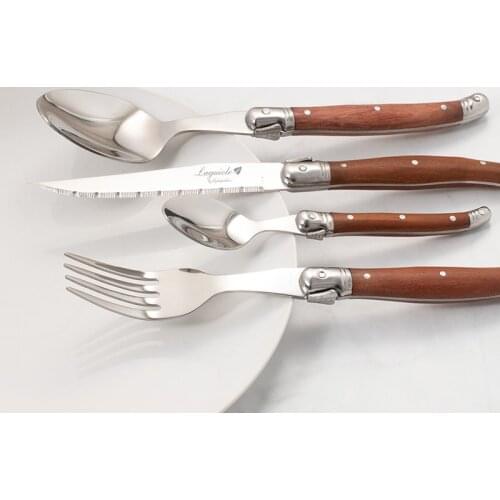 24pcs Laguiole Stainless steel Flatware Set Wood Handles Steak Knife Fork Dinner Spoon Teaspoon Cutlery Gift Party Dinner Set