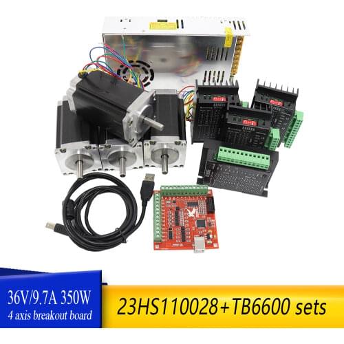 CNC Router 4 Axis kit, 4pcs TB6600 driver 4pcs 2.8A Nema23 100mm 260 Ncm Stepper motor 350W power supply 4 axis breakout board