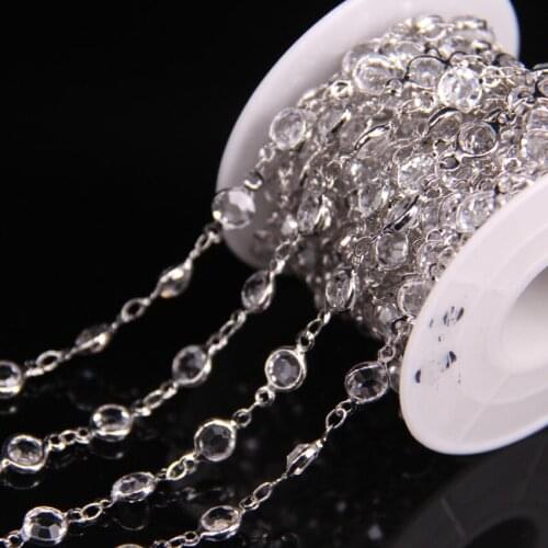 5Meter,Silver Plated Glass Faceted Round beads Coin Link Wire Wrapped Chains,Silver Edges Glass Flat Connectors beads Chains