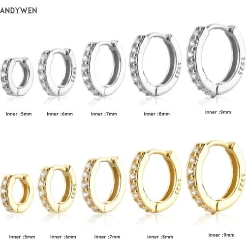 ANDYWEN 925 Sterling Silver Gold Clear 5mm to 9mm Clear Crystal Hoops Circle Piercing Loops Luxury Jewelry Pendientes Women