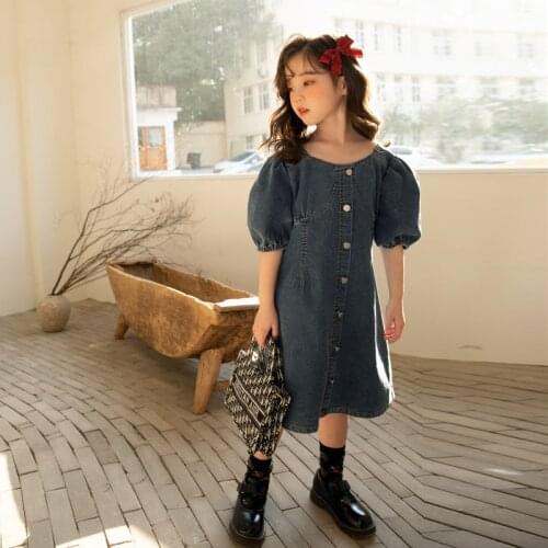 Jeans Dress Teenage Girl Party Girl Dresses Summer 2021 Fashion Dress For Girls Short Sleeve Cotton Baby Kids Clothing Blue