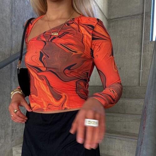 T Shirts Women Fashion Tie Dye Print Long Sleeve Crop Tops Ladies Aesthetic Y2K Summer T Shirts Aesthetic Orange Sexy T Shirts