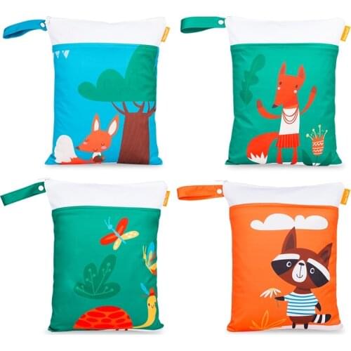 HappyFlute Digital Print 30*40CM Wetbag 2pocket with Handle Reusable Waterproof Cartoon Prints Wet Dry Diaper Bag