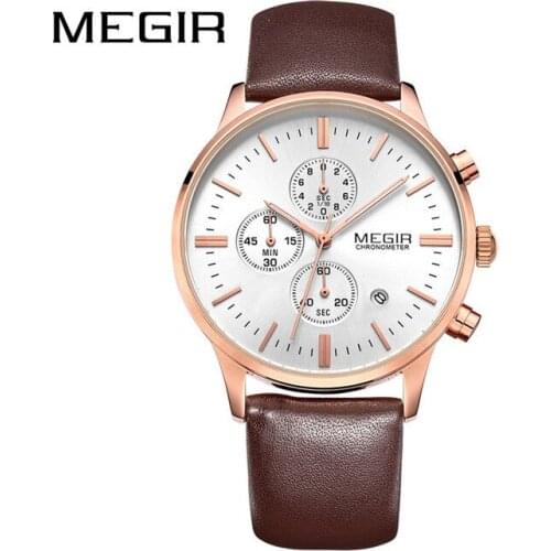 MEGIR 2011L Men Watch Luxury Brand Business Leather Watches Mens Wrist Luxury Chronograph Quartz Waterproof Wristwatches