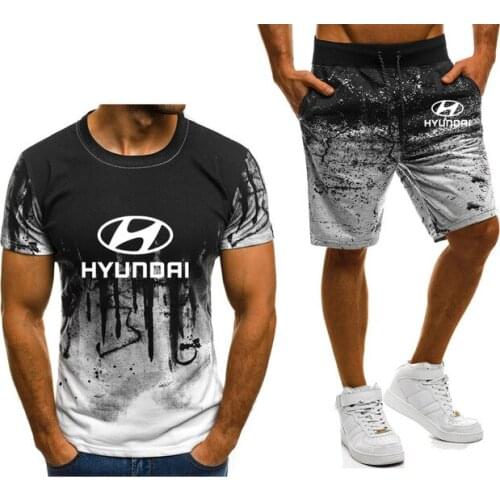 2021Summer Mens T-Shirt Hyundai Car Logo Cotton Gradient High Quality Cotton Mens T-Shirt Pants Suit 2Pcs