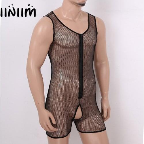 Mens Lingerie Teddies See Through Sheer Fishnet Crotchless Sissy Body Front Zipper Bodysuit Jumpsuit Exotic Babydoll Nightwear