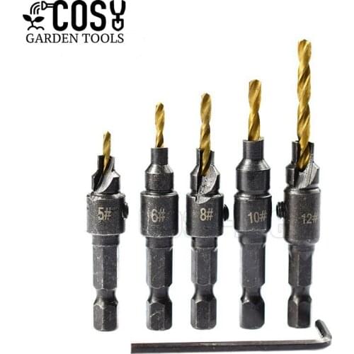 5pcs Countersink Drill Woodworking Drill Bit Set Drilling Pilot Holes For Screw Sizes #5 #6 #8 #10 #12 Hex Shank Screw Tools