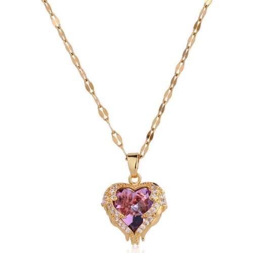 316L Stainless Steel Pink Crystal Heart Water Ripple Necklace Gold Colorful Zircon Pendant Necklace Washable