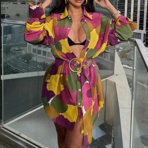 Floral Print Long Sleeve Dress A Line With Belt Beach Summer Spring Sexy V Neck Casual Mini Dresses Shirt Dress 2021