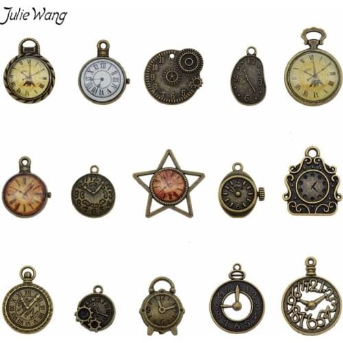 Julie Wang 10pcs Antique Bronze Old Fashion Clock Pendant Alloy Metal Charm for Handmade Vintage Necklace Retro Jewelry Finding