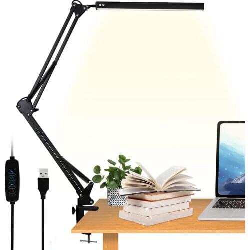 LED Desk Lamp with Clamp Eye-Care Dimmable Reading Light 3 Color Modes Swing Arm Table Lamp Daylight Lamp for Desk Accessories