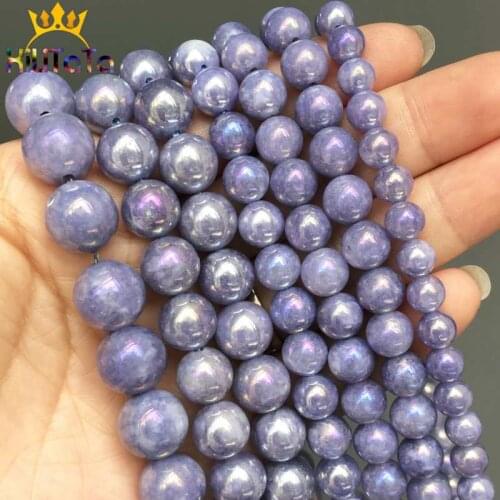 Dark Blue Plated Natural Angelite Stone Beads Smooth Round Loose Spacer Beads For Jewelry Making DIY Perles 15" 4/6/8/10/12mm