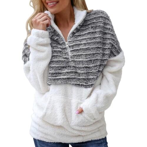 Color Block Sweatshirts Turn-down Collar Hoodie Poleron Mujer 2021 Patchwork Zipper Plush Clothes Long Sleeve Sweatshirt Women