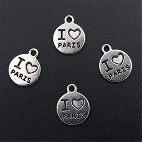 WKOUD 20pcs Silver Plated I love Paris charm fashion necklace Bracelet DIY lettering metal jewelry round alloy pendants A1408