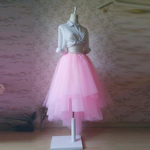 Dreamlike Pink High Low Tulle Skirt Real Photo Fashion Asymmetrical Women Skirts Customized Elastic Waist Mid-Calf Tutu Skirt