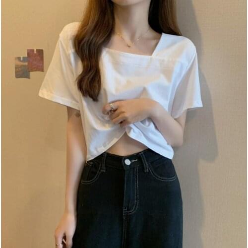 White Square Collar Tshirt Women Short Sleeve 2021 Korean Style Chic Hhigh Waist Short Top Sweet Hot Girl Solid T Shirt Female