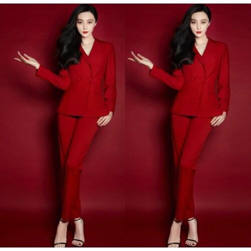 Star with big red suit Korean version was thin temperament small suit jacket OL career pants suit womens suits set 2 pieces