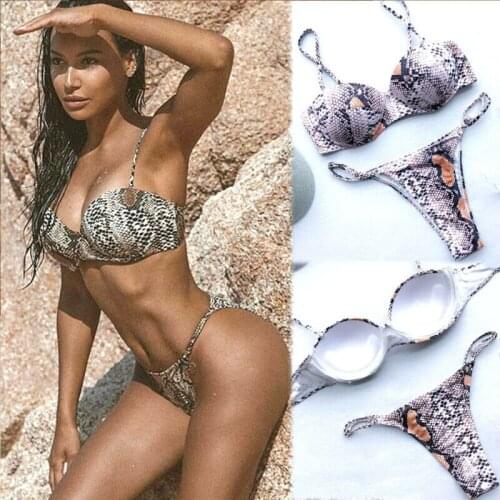 UK Women Swimsuit Swimwear Snake Push-up Padded Triangle Bra Top Thong Bottom Bikini Set Bathing Suit