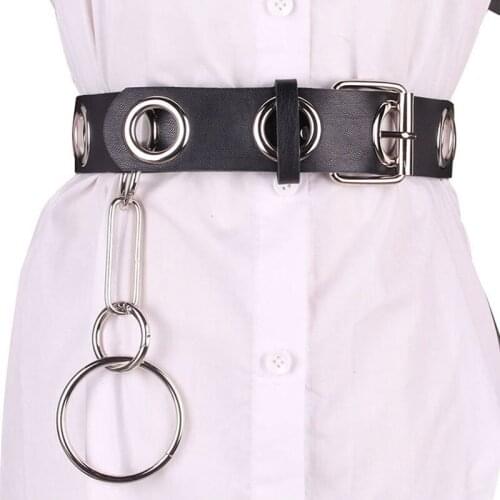 102cm Women Punk Belt Metal Holes Wide Corset Body Shaper Black Leather Retro Waist Belt Big O Ring Cummerbund Shirt Dress Belt