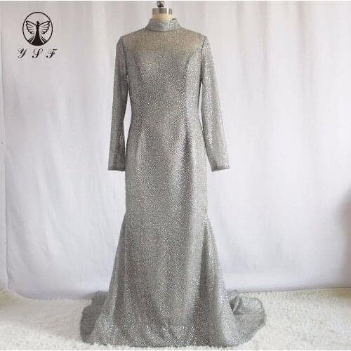 Sexy High Collar Long Sleeve Bling Bling Sweep Train Mermaid Evening Dresses 2017