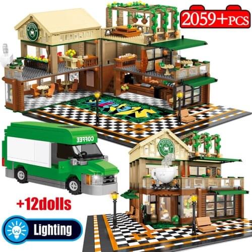 2059Pcs Creative Cafe Coffee Shop Building Blocks For City Street View Casual House Car Figures Bricks Toys for Children