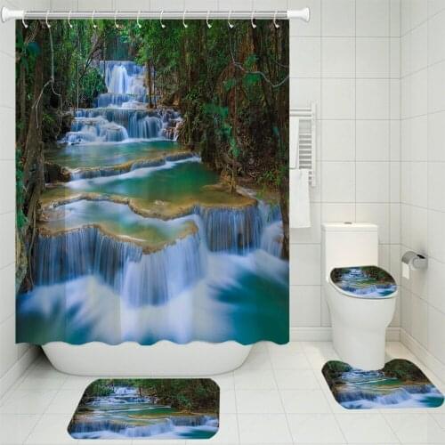 3/4 Pieces Natural Scenery Shower Curtains Sets Waterfall Carpet Toilet Mat Carpet U-shaped Pad 3D Print Forest Bathroom Set