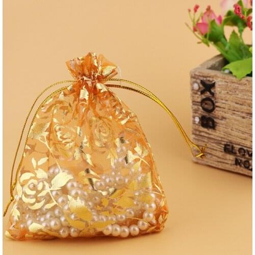 500pcs/lot Wholesle New Orange Color Drawstring Organza Pouch Gold Rose Print Gift Bags Fit Wedding Party 70*90mm