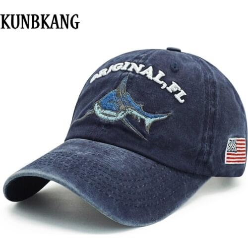 KUNBKANG Retro Washed Cotton Baseball Cap Men Summer Casual Snapback Hat For Women Outdoor Fishing Cap Shark Embroidery Dad Bone