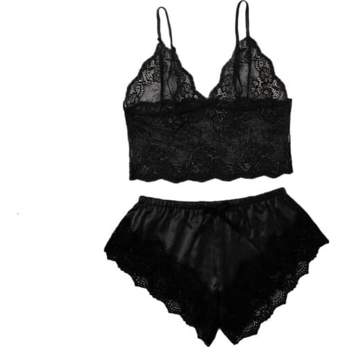 Women Sexy Sleepwear Set Charming Elastic Solid Color Camisole Shorts Lace Sleepwear Set Lace Bodysuit Underwear Erotic Langerie