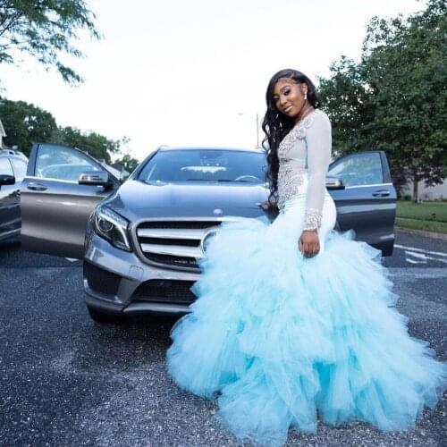 Elegant Prom Dresses Aso Ebi Mermaid V-Neck Long Sleeves Applique Crystals Ruffles Tulle Plus Size Women Cocktail Party Gowns