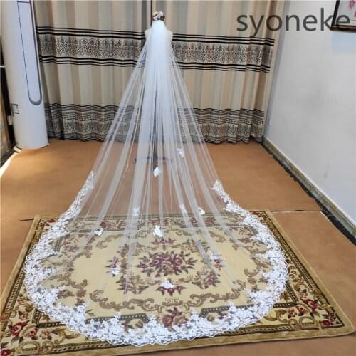 Custom Made Luxury 3M Wedding Veils With Lace Applique Edge Long Cathedral Length Veils One Layer Tulle Custom Made Bridal Veil
