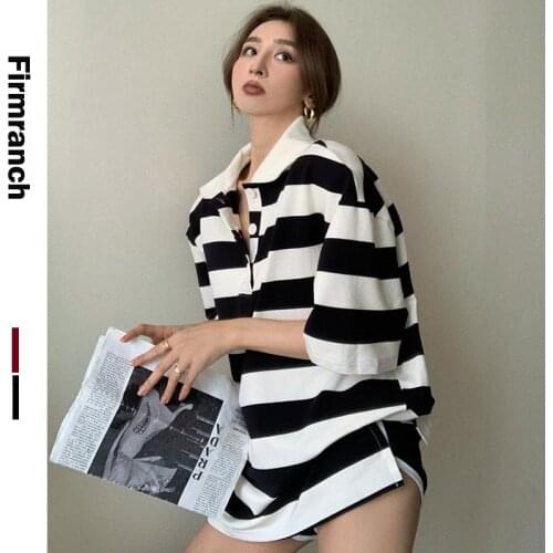 Firmranch Tee For girls/women 2021 Retro Lapel Zebra Striped Polo Shirt Summer New Oversize Boyfriend Style Short Sleeves