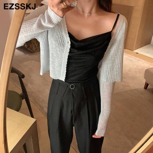 Summer short thin knit v-neck crop cardigans Women one button Cardigans coat sweet long sleeve female solid color chic jacket