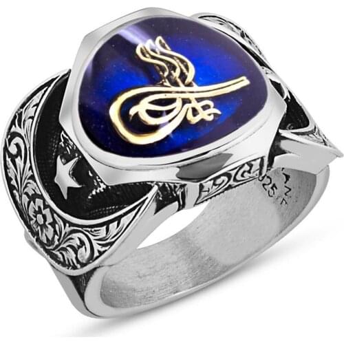 Tesbihane 925 Sterling Silver Tuğra Model Cabochons Ring