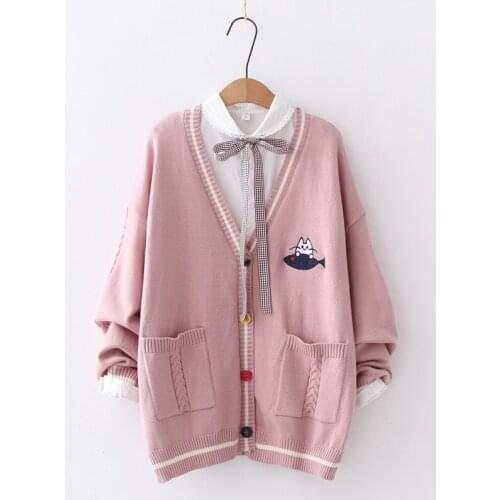 College Style Korean Knit Coat Spring Fall Cartoons Embroidery Women Clothing Sweaters Cardigan Students Casual Sweet Basic Tops