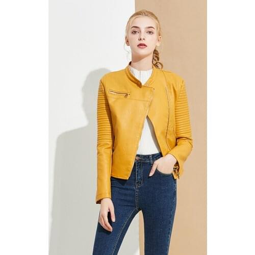 Trendy New Women Yellow Faux Leather Jacket Spring Autumn Female O-neck Zipper Pu Leather Jackets Coat Motorcycle Biker Coat