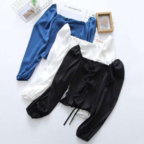 Summer 2021 Long Sleeve White Blouse Women Autumn Versatile Glossy Square Collar Shirt French Tops with Tie Design Shirt 15485