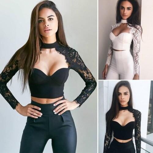 Summer Fashion Women Sexy Cutout Long Sleeve Lace Shirt Tops Blouse Crop Tops White Black Solid girl clothing fashion
