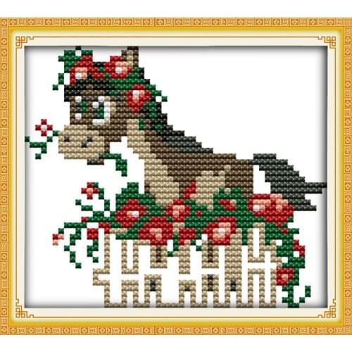 The pony in flowers set cross stitch kit 14ct 11ct count print canvas stitches embroidery DIY handmade needlework Small picture