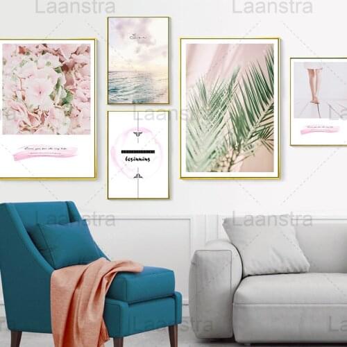 Pink Flower Home Decoration Painting Modern Plant Green Leaf Shadow Living Room Wall Canvas Poster Sea View Bedroom Print Photo