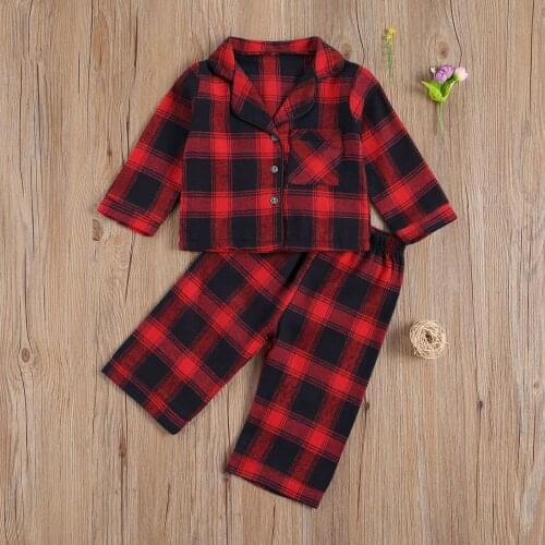 Autumn Clothes Newborn Baby Boy Girl Pyjamas Chiristams Set Long Sleeve Shirt Top and Plaid Long Pants Outfits Sleepwear Set