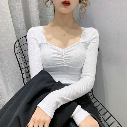 Autumn Solid Color Velvet Womens Shirt 2021 Sexy Square Neck Long Sleeve Pullovers Woman Korean Slim Bottoming Top Lady