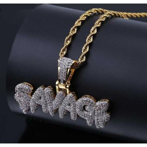 New Fashion Mens Iced Out SAVAGE Pendant Necklace Gold Plated Micro Pave AAA Cubic Zircon Hip Hop Gems Druzy Jewelry Gifts