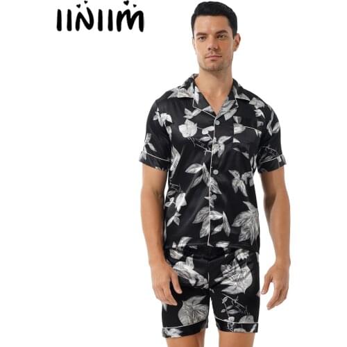 Stylish Print Satin Pajama Set Mens Sleepwear Nightwear Two-piece Loungewear Short Sleeve Shirt with Shorts Luxury Homewear