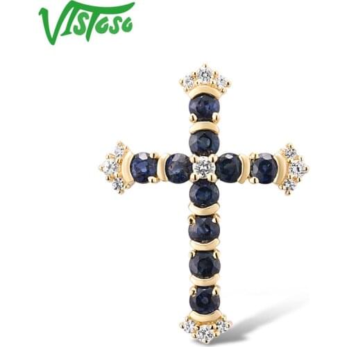 VISTOSO Gold Pendants For Women Authentic 14K 585 Yellow Gold Cross Pendant Blue Sapphire White Sapphire Elegant Fine Jewelry